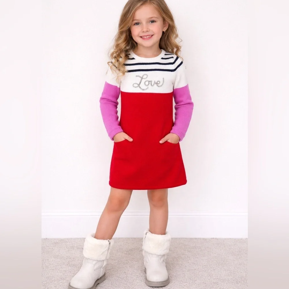Gymboree Girls LOVE Sweater Dress Red Stripe Sequin Small 5/6 Valentines